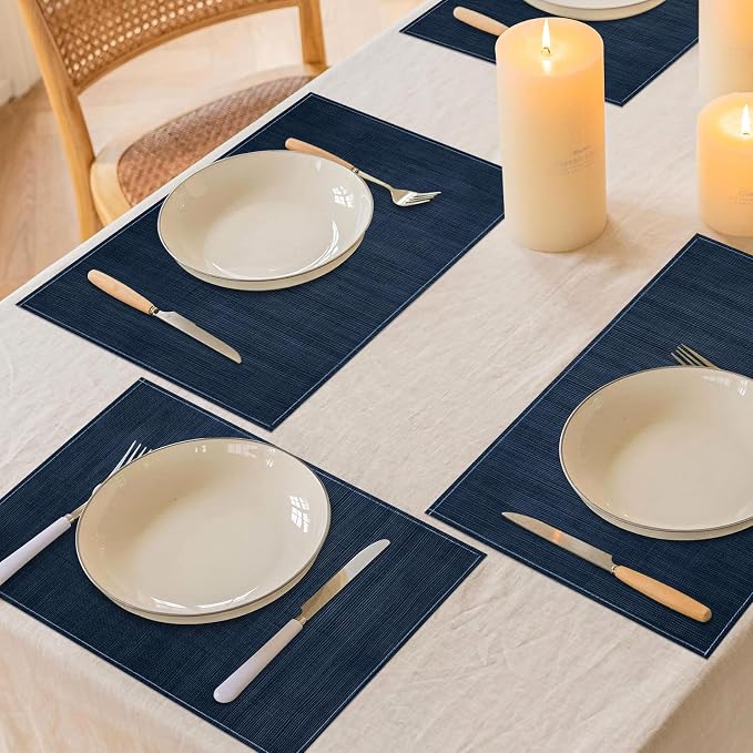 Dark Blue Placemats Set of 4, 12x18 Inch Washable Easy to Clean Heat-Resistant Anti-Skid Navy Blue Placemats for Holiday Party Kitchen Dining Room Decoration