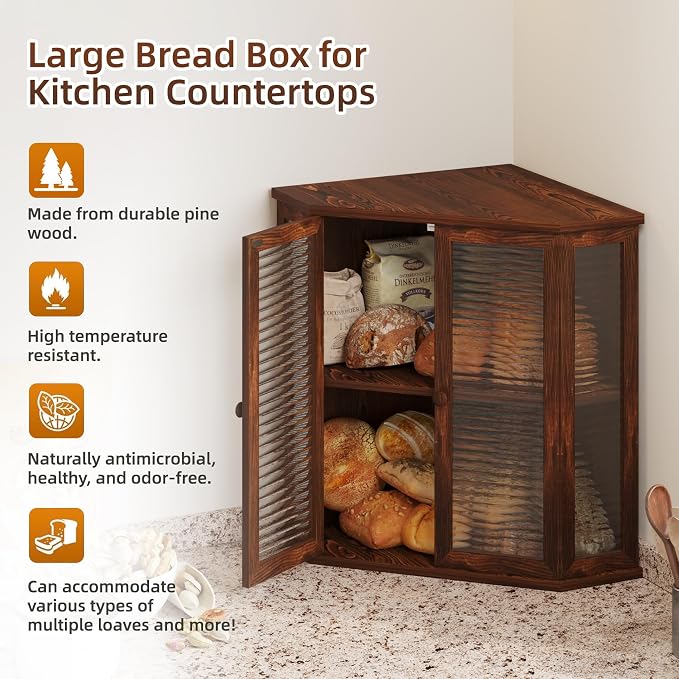 Corner Bread Box for Kitchen Counter, 16.7 Inch Extra Large 2-Tier Farmhouse Bread Box with Natural Pine Wood Grain, Dual Wave Glass Doors and Adjustable Shelf(Pine Wood)