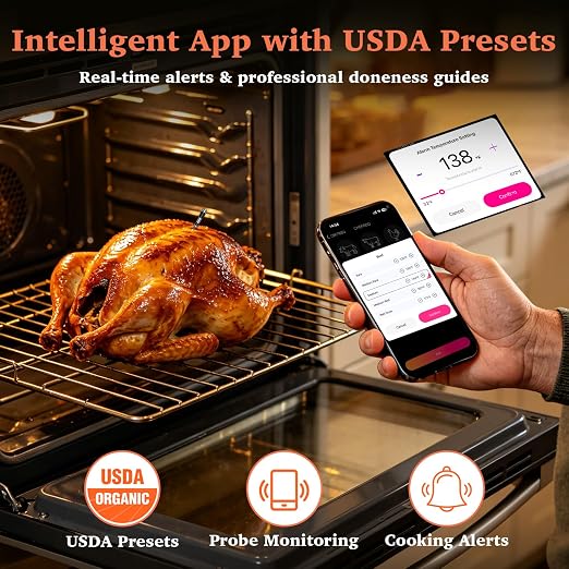 Bluetooth Wireless Meat Thermometer Digital for BBQ Oven Smoker Grill | 800FT Bluetooth Food Thermometer, Standalone Base, 2 Meat Probes, Dual Sensors, NIST Certified Accuracy