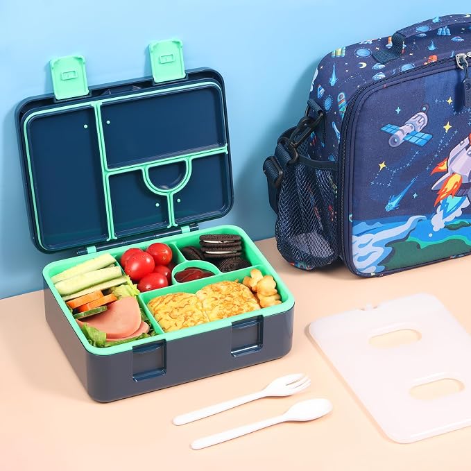 rockpapa Chill Bento Box for Kids- Large 5.5 Cups Lunch Box with Ice Pack - 5 Compartments, BPA-Free, Leak Proof, with Utensils & Portable Handle, Microwave/Dishwasher Safe (Blue Rocket)