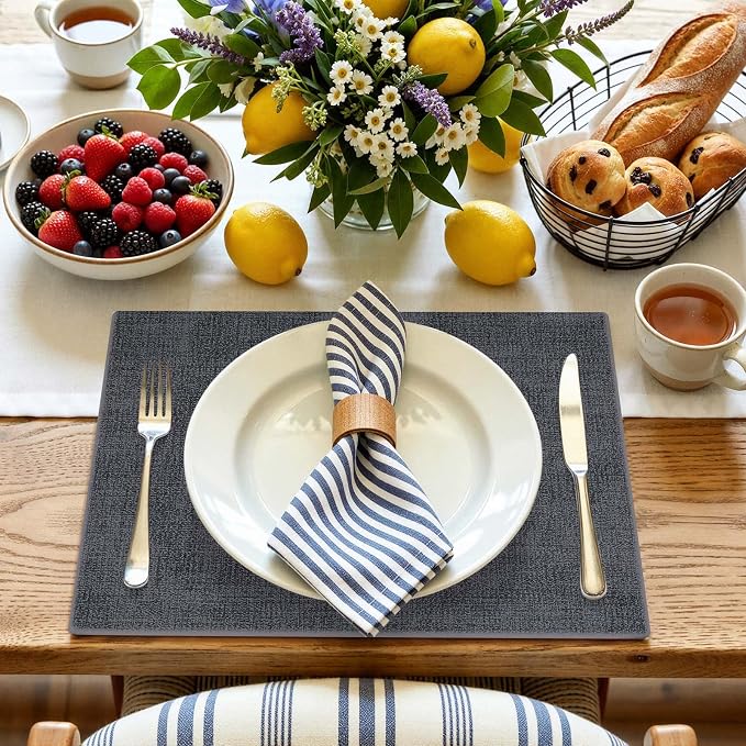 Faux Leather Heat Resistant Placemats 4 Packs, Waterproof Wipeable Dining PU Place Mats for Indoor & Outdoor, Easy to Clean, Charcoal