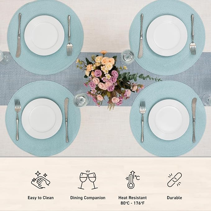 Winknowl 15 Inch Round Braided Placemats Set of 4, Washable Cotton Polyester Table Mats, Heat Resistant Non-Slip Place Mats for Kitchen Dining Table Decor (Light Blue,4pcs)