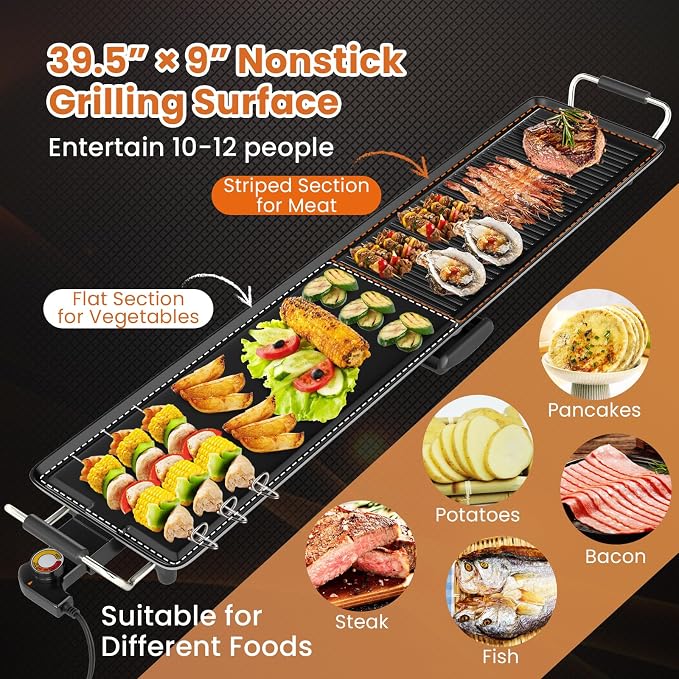 COSTWAY 39.5” Electric Griddle, Extra Large Teppanyaki Grill with 2 Nonstick Surfaces, Adjustable Temperature, Insulated Handles & Drip Tray, Indoor Outdoor BBQ Grill for Party, Camping & RV (39.5'')