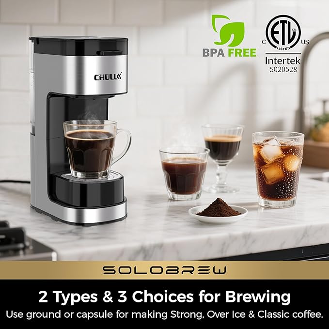 CHULUX SoloBrew Single Serve Coffee Maker for K Cup Pod with Ground Filter | 3 Brew Sizes with Strong & Over Ice Buttons, 14 oz Removable Water Tank, 1000 Watts Instant Heating, Stainless Steel Housing