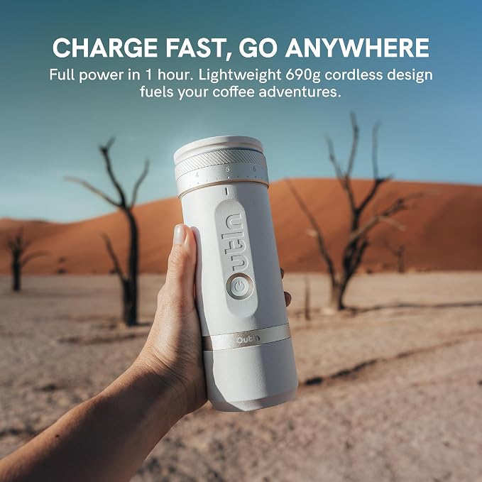 OutIn Fino Portable Electric Coffee Grinder with 28 Precise Grind Settings | Adjustable Coffee Bean Grinder, One-Touch Burr Grinding, Fast-Charge Battery, Auto-Stop & Clog Protection, Tundra Brown