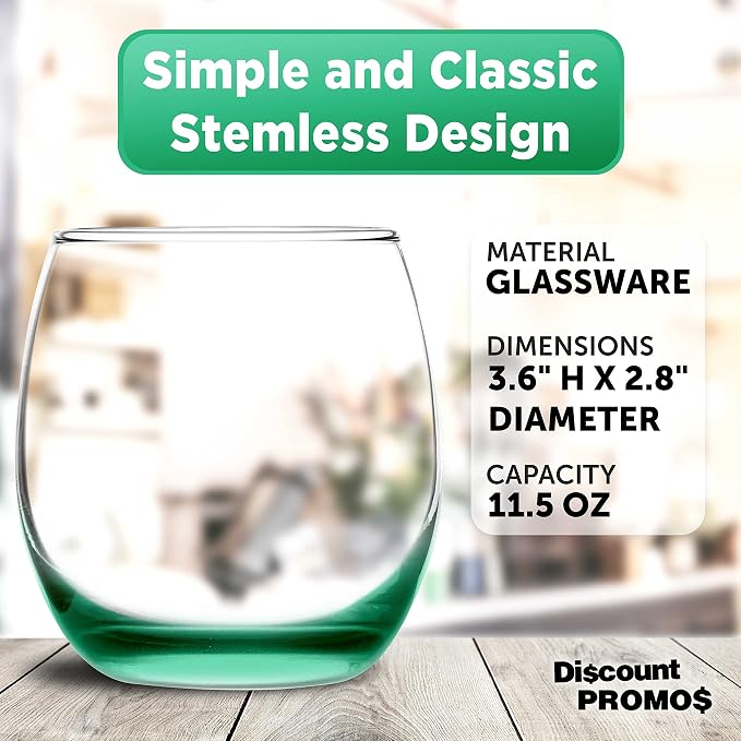 DISCOUNT PROMOS Mikonos Stemless Wine Glasses 11.5 oz. Set of 10, Bulk Pack - Restaurant Glassware, Perfect for Red Wine, White Wine, Cocktails - Green Bottom Color