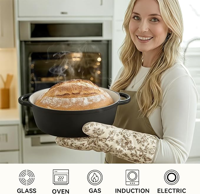 Oval Dutch Oven for Bread Baking, 4.5 Quart Non Stick Enameled Cast Iron Dutch Oven Pot with Lid, Oven Safe Oval Casserole with Lid up to 500°F for Baking, Braising, Stews, Roasting (Black)