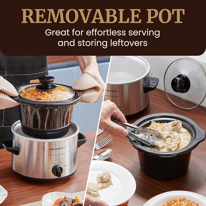 Maxi-Matic MST-250XS Electric Ceramic Slow Cooker, 1.5 Qt, Stainless Steel | Adjustable Temp, Dishwasher-Safe Glass Lid & Crock - Great for Entrees, Sauces, Stews & Dips