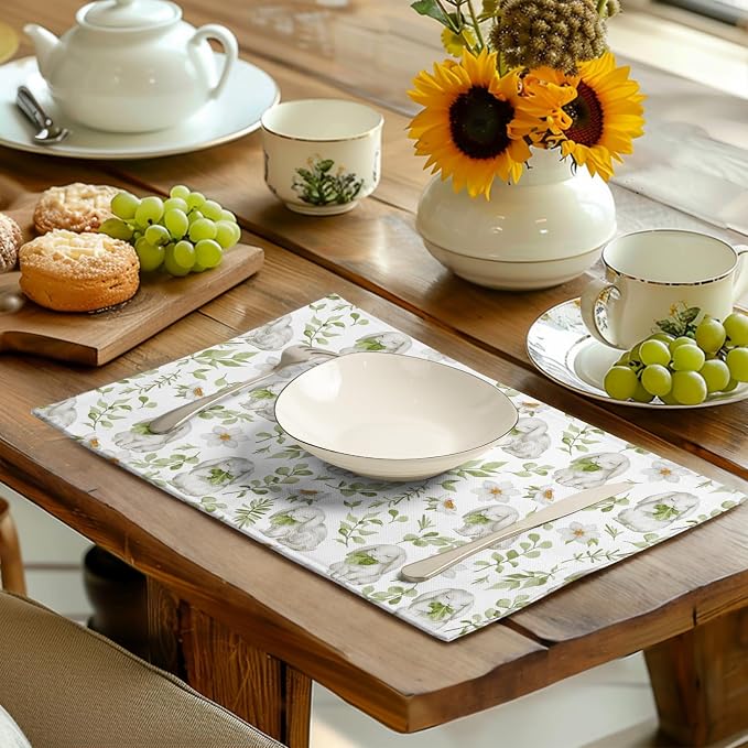 Easter Bunny Rabbits Placemats Set of 4 Easter Spring Green Leaves Flroal Dining Table Placemats 12x18 Inch Heat Resistant Washable Table Mats for Kitchen Dining Holiday Indoor