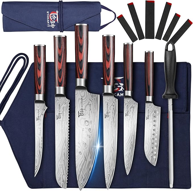 14pcs Chef Knife Set with Roll Bag, Professional Stainless Steel Japanese Knife Set with Pakkawood Handle for Professional Chef, Camping, Travel, BBQ, RV or Gift