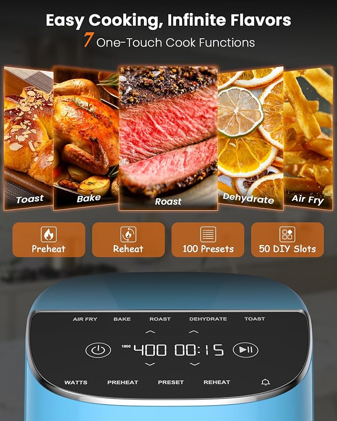 Nuwave Brio Plus Air Fryer 8 Qt, New & Improved, PFAS-Free Ceramic Coating | 7 Digital One-Touch Modes: Air Fry/Bake/Roast/Dehydrate/Toast/Reheat/Preheat; 150 Presets; 50–400°F; 700/1500/1800W; CozyBlue
