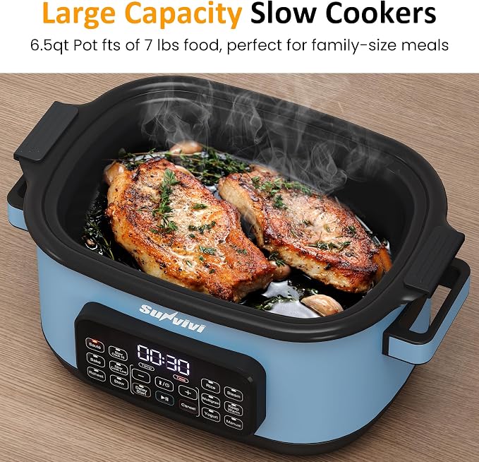 Sunvivi 12-in-1 Programmable Slow Cooker 6.5QT with Timer & Keep Warm | Multicooker with Timer & Temp Control, Dishwasher Safe Lid & Removable Nonstick Crock, Stainless Steel Rack, Blue
