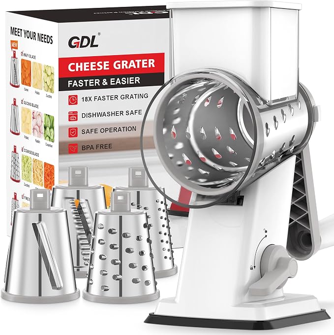 GDL Upgraded Cheese Grater Shredder Hand Crank, Vegetable Slicer, 4 Blades | 18x Faster Cutting, Stronger Suction Base, No BPA, Stainless Steel Blade, Dishwasher Safe, For Cheese & Veggies & Nuts