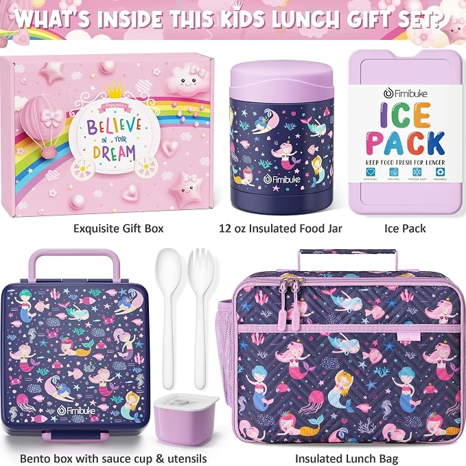Fimibuke Kids Bento Snack Lunch Box with Thermo Insulated Toddler Lunch Bag | Lunch Box Kids with 4 Compartment, Food Jar, Ice Pack, Utensils, Birthday Gifts for Ages 3-12 Back to School Toddler Girl Boy