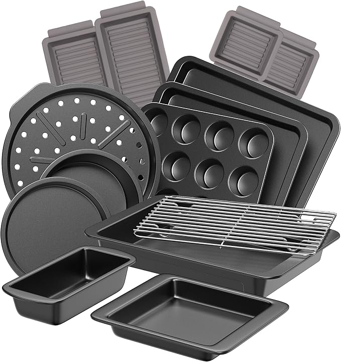 Bakeware Sets, Baking Pans Set with Reusable Silicone Sheet Trays Dividers, Nonstick Oven Pan with Wider Grips, 14-Piece Including Rack, Cookie Sheet, Cake, Loaf, Muffin, Pizza Pan