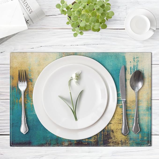 Emvency Farmhouse Placemats Set of 4, 12x18 Inch, Turquoise and Yellow | Abstract Vintage Art Painting Table Mats for Outdoor Home Party Kitchen Dining Decoration
