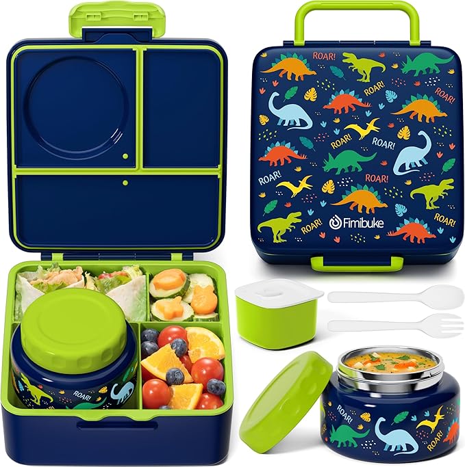 Fimibuke Bento Box for Kids Adults, BPA Free Toddler Lunch Box with Thermo | w/ 8.5oz Insulated Food Jar Utensils & Sauce Jar, Leakproof Dishwasher Safe 3 or 4 Compartment Container for School Girl Boys