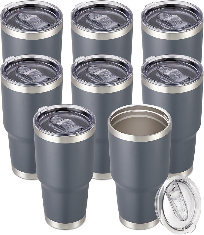 30 oz Tumbler with Lid Stainless Steel Tumblers Bulk, 8 Pack | Vacuum Insulated Cup, Leak Proof Lid, Powder Coated Travel Mug, Double Wall, Keep Cold Drinks for 12 Hours, Gray
