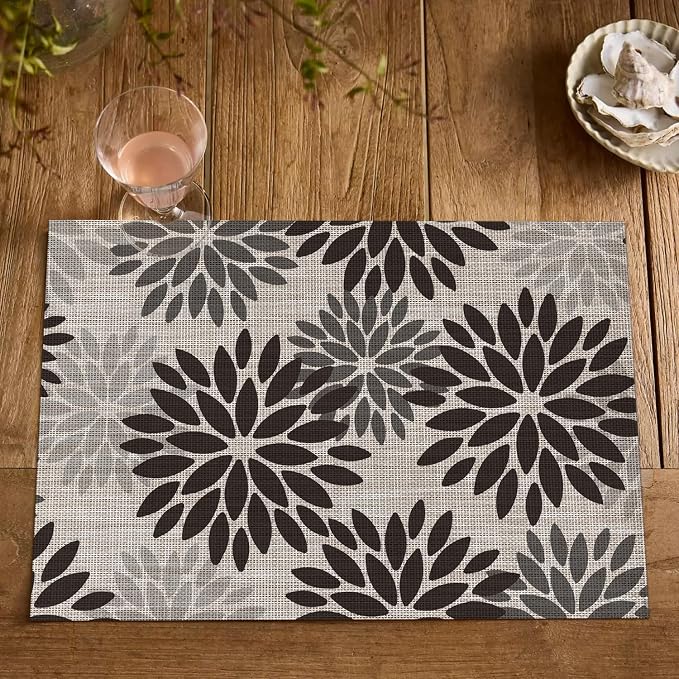Artoid Mode Floral Vinyl Halloween Placemats Set of 4, Heat Resistant Washable Non-Slip Plastic PVC Place Mats for Party Kitchen Dining Decor, Black