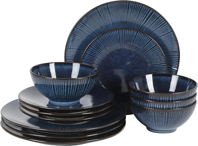 Gibson Elite Midnight Lune Plates and Bowls Sets, 12-Piece Stoneware Dinnerware Sets, Reactive Glaze Dish Set - Blue