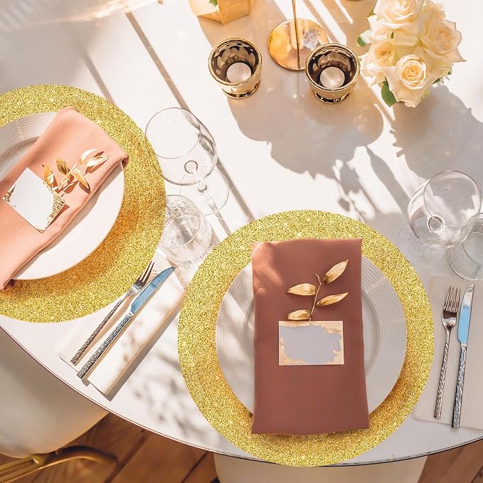 50PCS Gold Paper Placemats Disposable 13.4 Inch Shiny Golden Place Mats Round Decorative Glitter Table Mats for Birthday Wedding Holiday Party Supplies Sparkle Dining Tableware