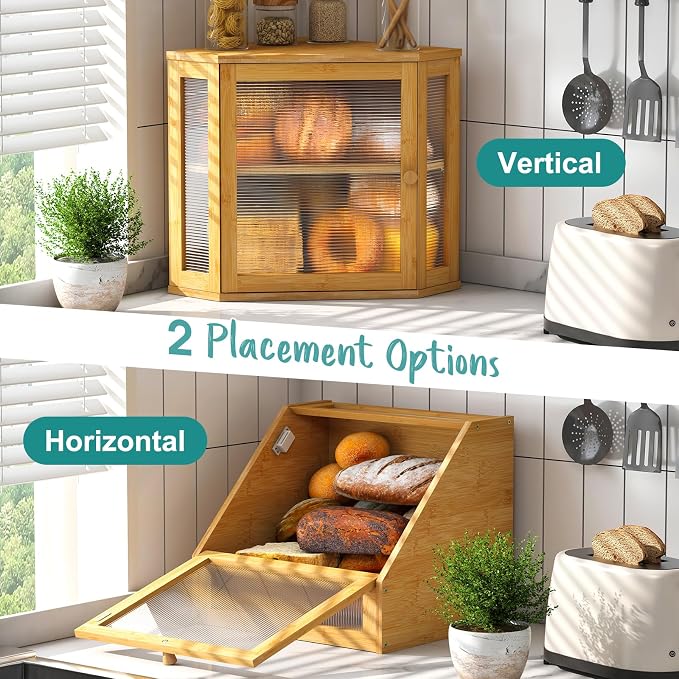 Corner Bread Box, Bamboo Bread Box for Kitchen Countertop, 2 Tier Wooden Bread Storage (Natural, Medium)