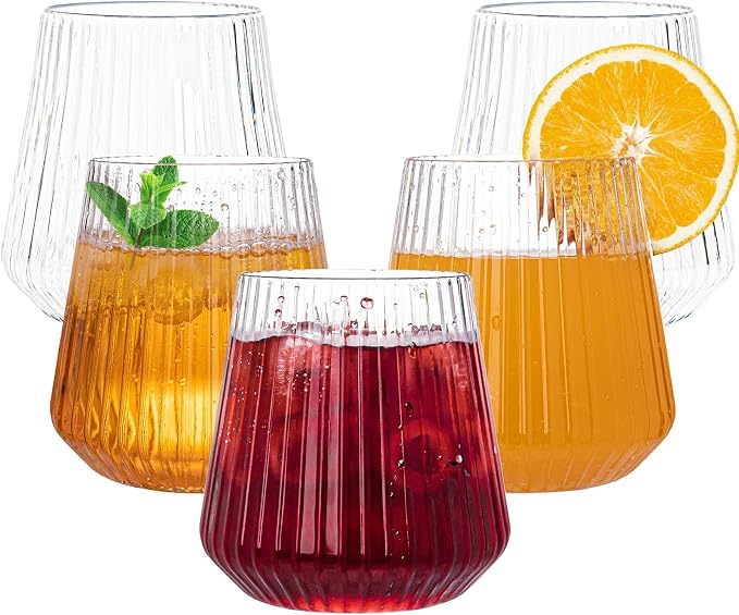 N9R 24PCS Plastic Wine Glasses Disposable,14 oz Cocktail & Spritz Glasses | Clear Stemless Champagne/Whiskey/Drinking Glasses, Elegant Origami Ripple, Shatterproof, for Parties, Weddings, Pool and Bar