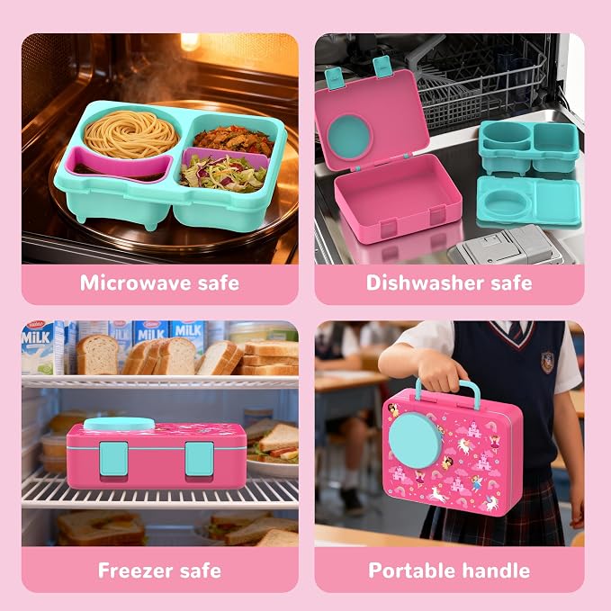Bento Box for Kids, Leakproof Kids Lunch Box with 8.5OZ Thermo Food Jar & Lunch Bag, 3-4 Compartments Toddler Insulated Lunch Box for Girls, BPA Free Lunch Containers for School Daycare