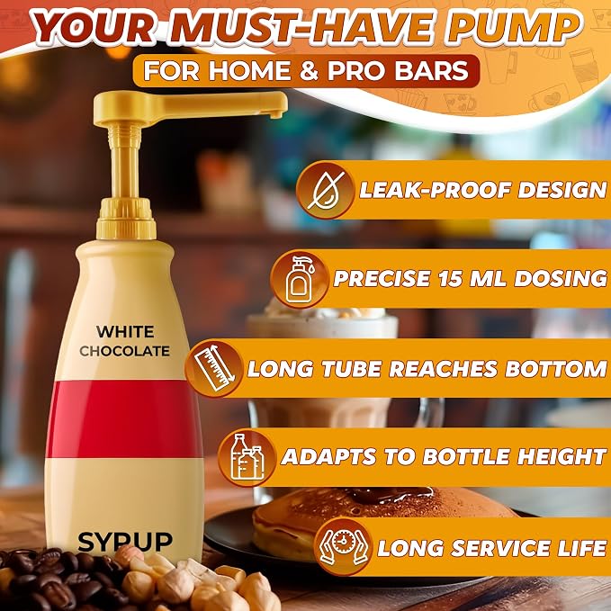 Sauce Pump Dispenser, 0.5oz, Compatible with Torani 64oz (Gold) | Syrup Pump for Coffee Bottle; Compatible with DaVinci (64oz), & Ghirardelli (87-90oz) Bottles; Adjustable Tube, Lockable