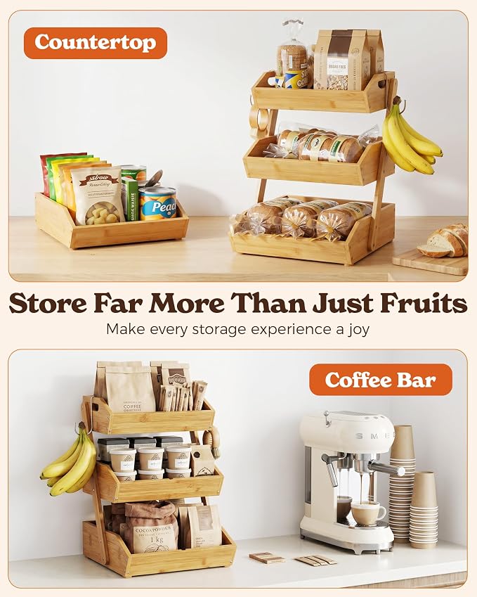 3-Tier Bamboo Fruit Basket with 2 Banana Holders | Large tiered organizer for bread, snacks, veggies. Sturdy bamboo, includes mats & dividers. Easy to assemble.