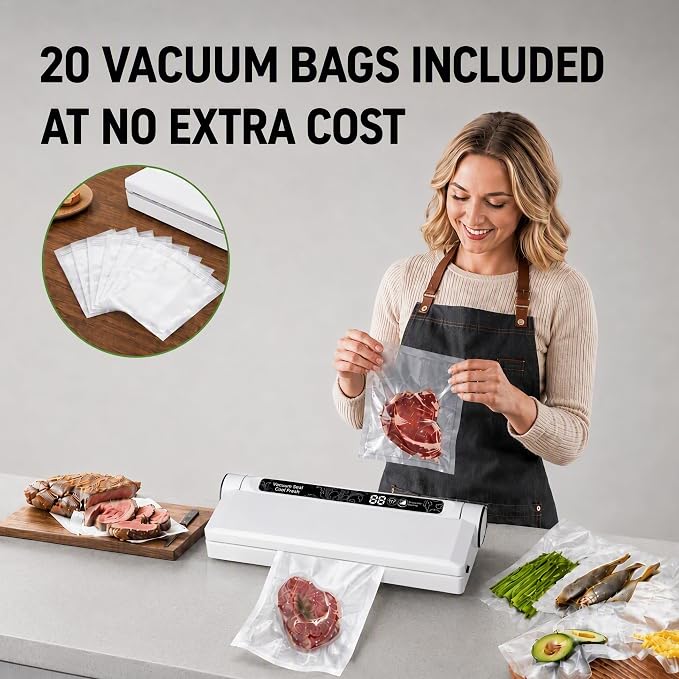 Compact Vacuum Sealer for Food, 75Kpa Food Sealer Machine | 75 Kpa Strong Suction, LED Display, Dual Use for Dry & Wet Foods, with 20 Bags, Ideal for Home Kitchen, White