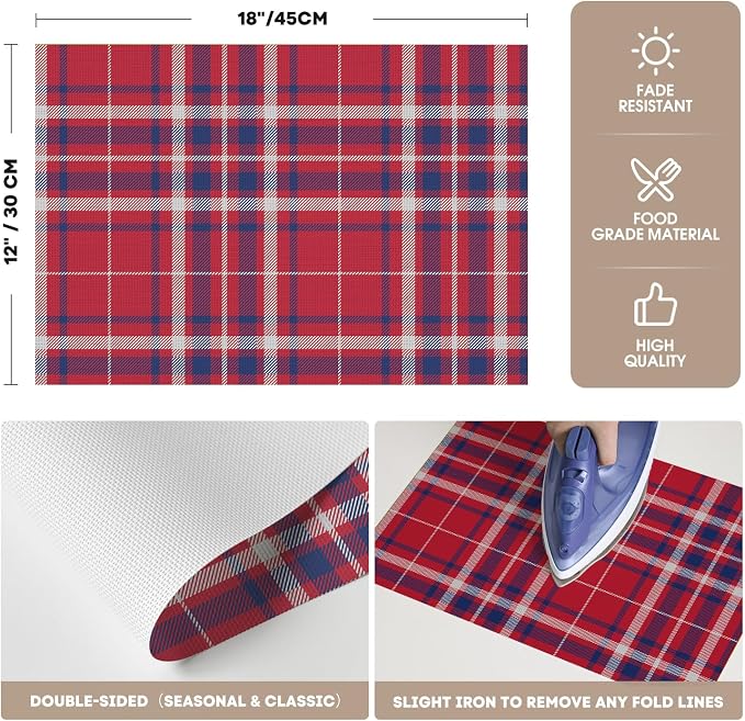 Artoid Mode Red Striped Check Memorial Day Vinyl Placemats Set of 4,Heat Resistant Non-Slip Woven Plastic PVC Place Mats for Party Kitchen Dining Decor