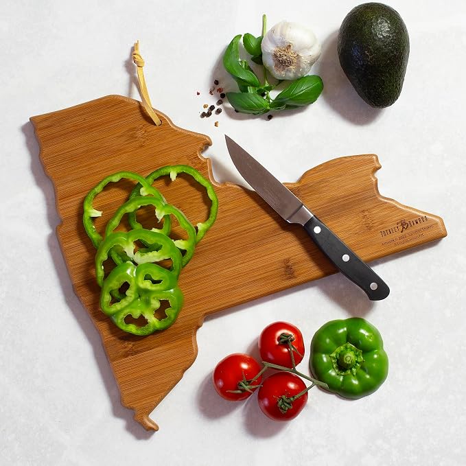 Totally Bamboo New York State Shaped Cutting Board, Summer Stokes Art | State charcuterie board with colorful hand-drawn landscape art. Smooth reverse side for food prep. Hang tie for wall display.