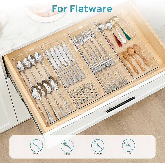 Vtopmart 4 Pack Clear Kitchen Drawer Organizer, 15x6 Inch Utensil Tray | Silverware Organizer Trays for Flatware, Cutlery and Kitchen Utensils, Large Clear Bins Create a Neat and Organized Drawer