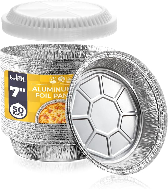 Fit Meal Prep 50 Pack 7" Round Aluminum Foil Pans with Clear Dome Lids, Disposable Pie Tins, Take out Containers, Freezer Oven Safe Baking Pans for Storing, Cooking, Storage