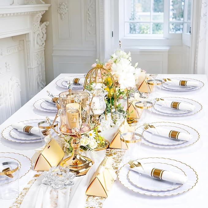 YOUBET 350PCS White and Gold Scalloped Plastic Plates for Wedding Party | White and Gold Disposable Dinnerware Set Include 100 Plates, 150 Gold Silverware, 50 Cups, 50 Napkins
