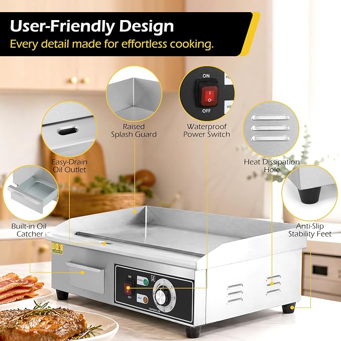 Dyna-Living Electric Griddle 22''Flat Top Grill Commercial Teppanyaki Grill | 3000W Countertop Flat Top Griddle Stainless Steel Electric Griddles, Non-Stick, Easy to Clean, 122℉-572℉ Temp Adjustable