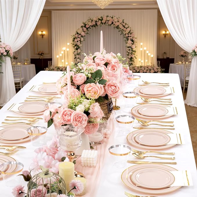 GATHER 350PCS Pink Plastic Plates with Gold Rim for Wedding Baby Shower | Pink Disposable Plastic Dinnerware Set include 100 Plates, 150 Silverware, 50 Napkins, 50 Cups for Party Birthday