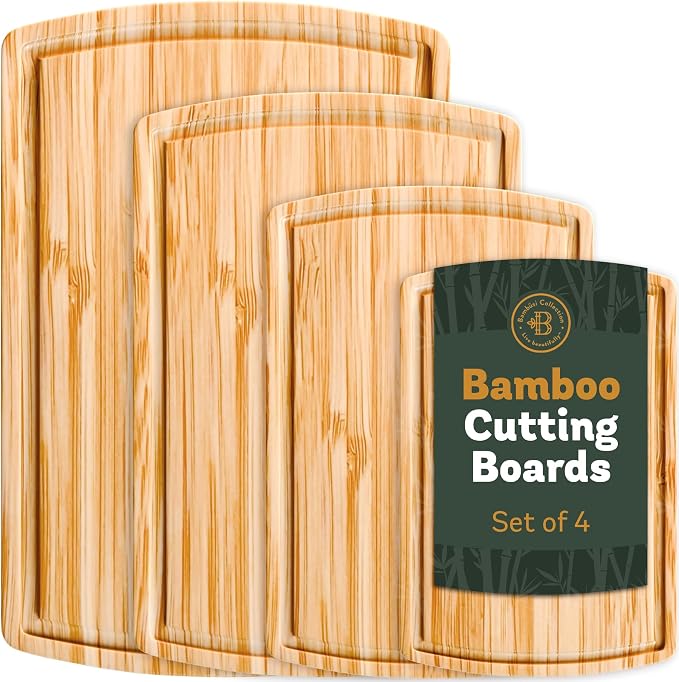 Bamboo Cutting Boards for Kitchen, Extra Large Wooden Chopping Board Set | Deep Juice Groove, Knife-Friendly, Side Handles, Reversible Butcher Block, for Serving, Meat, Veggies, Cheese, 4 Sizes