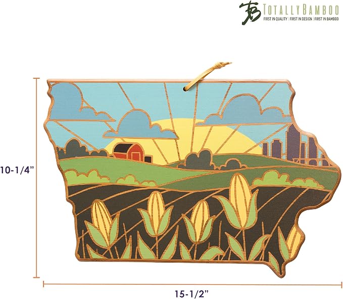 Totally Bamboo Iowa State Shaped Cutting Board, Summer Stokes Art | State charcuterie board with colorful hand-drawn landscape art. Smooth reverse side for food prep. Hang tie for wall display.