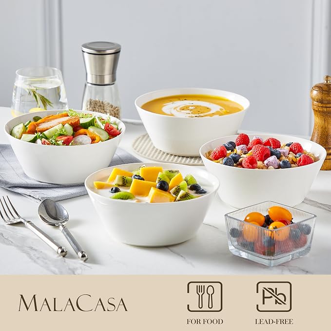 MALACASA 35 OZ Soup Bowls Set of 4, White Bowls Deep Cereal Ramen Bowl | Ceramic Bowls for Salad, Pasta, Pho, Dessert, Fruit, Kitchen Essential, Dishwasher Microwave Safe, Series REGULAR