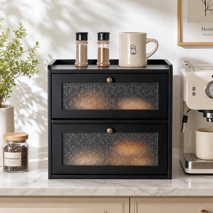 Sunhoo Bread Box for Kitchen Countertop, Large Pine Wood Breadbox, Black | Farmhouse Pantry Container, Double Layer Storage, Fresh Homemade Sourdough Bin, Vintage Textured Acrylic Door, Easy Assembly