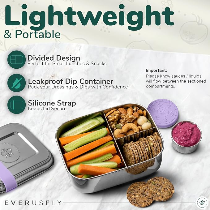 Stainless Steel Bento Box + Condiment Container - Lavender, 27oz / 0.8 L | Everusely metal lunch box, leakproof sauce container, 3 compartment snack organizer for travel, freezer & dishwasher safe