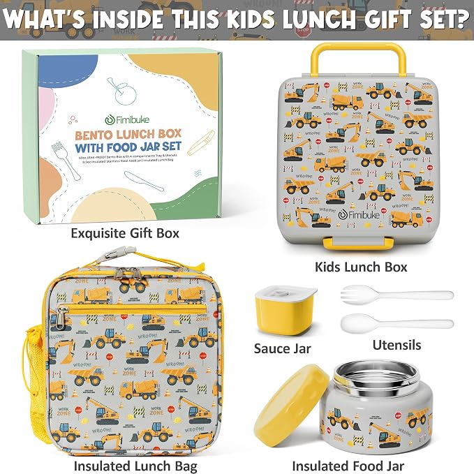 Fimibuke 60oz Kids Bento lunch Box with Insulated Lunch Bag & 8.5oz Thermo | Leakproof 3-4 Compartment Toddler Kids Lunch Box Food Container w/ Utensils, Sauce Cup for School Boys Girls, Dishwasher Safe