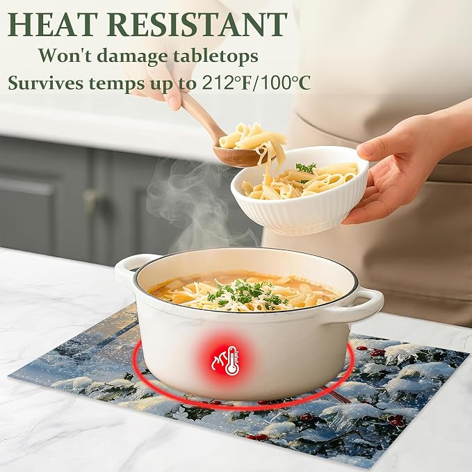 Table Placemats Set of 6,Winter Cardinal Birds Cloth Placemats,Christmas Holiday Heat-Resistant Table Mats for Kitchen Dining Room Decoration,Non-Slip Fabric Place Mats 11.8x17.7 Inch