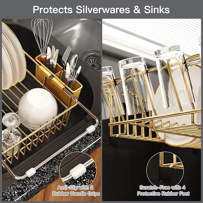 Gold Dish Drying Rack Over Sink with Utensil Holder, Drainboard | Expandable Stainless Steel Dish Drainer for Small Kitchen, Apartment, RV, Counter Space Saving, Perfect Fit, Rustproof
