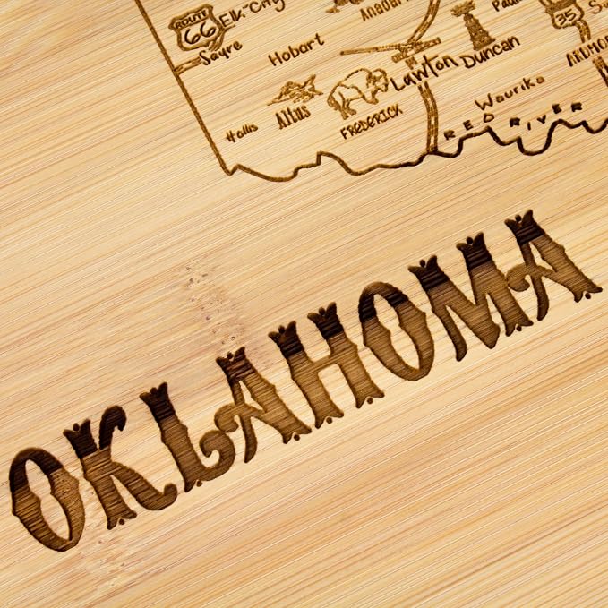 Totally Bamboo A Slice of Life Oklahoma Engraved Map Cutting Board | 11” x 8.75” charcuterie board with engraved state map artwork. Smooth reverse side for food prep. Hang tie for wall display.