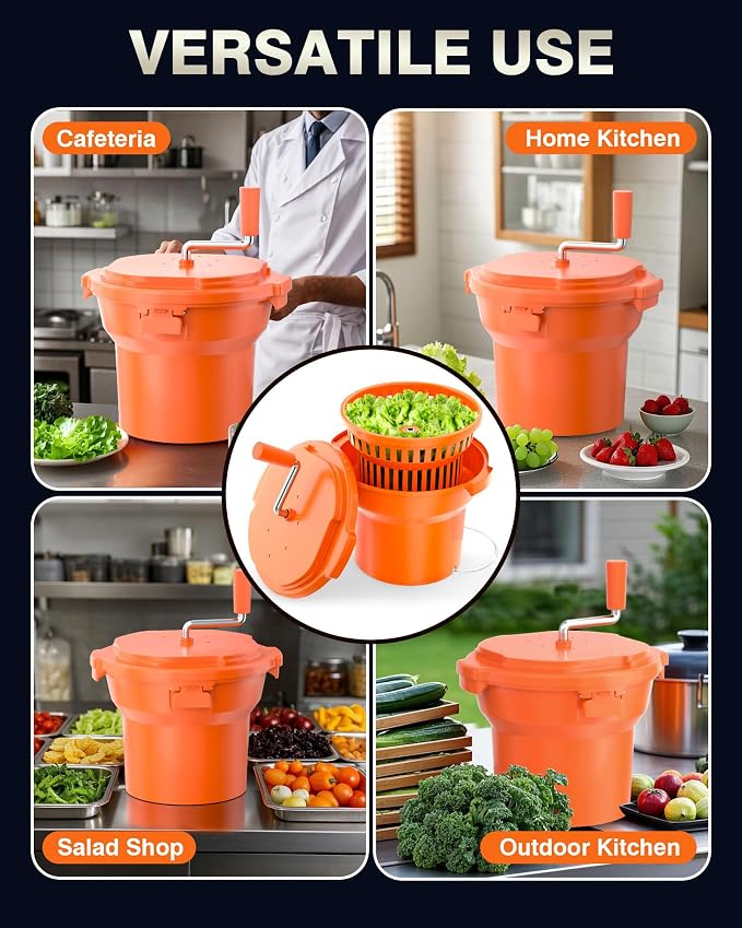 WantJoin Commercial Salad Spinner - [2.5 Gallon Salad Dryer] w/Aluminum Handle & [Draining Hose], 10Qt Manual Salad Spinner for up to 3 Heads of Lettuce Spinner Large for Catering Kitchen, Orange