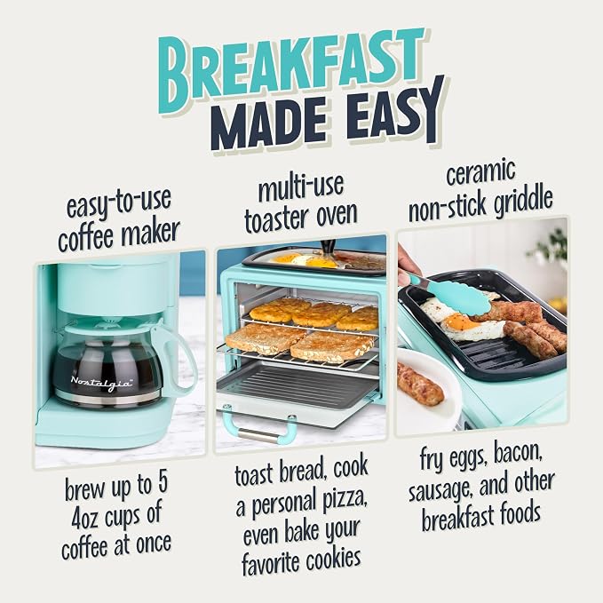 Nostalgia 3-in-1 Retro Breakfast Station - Includes 5 (4 Oz) Cup Coffee Maker, Non-Stick Ceramic Griddle, and 4-Slice Toaster Oven - Built-In Timer, Reusable Coffee Filter, Space-Saving Design - Aqua