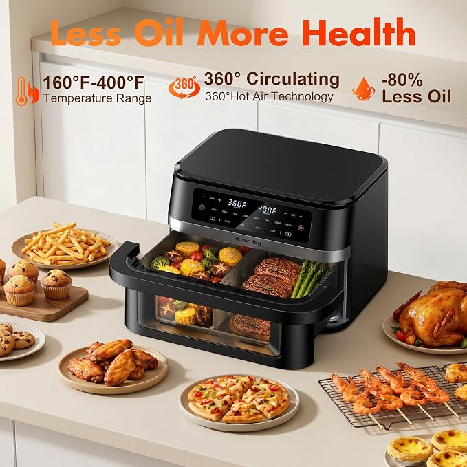 Dual Basket Air Fryers with Flex Basket, 12QT Double Air Fryer with Viewing Window & 50PCS Paper Liners, for 10 People, 12-in-1 Digital Panel with Sync & Light, for Bake, Roast, Reheat,Dishwasher Safe